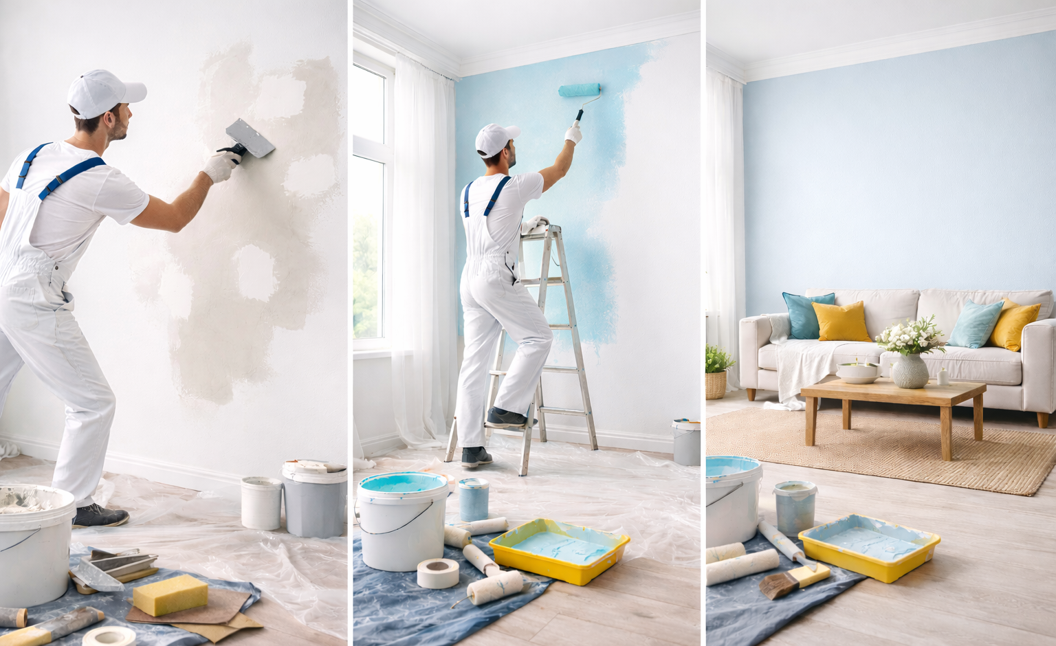 Malerproces: spartling og forberedelse, malerarbejde i gang og flot færdigt resultat